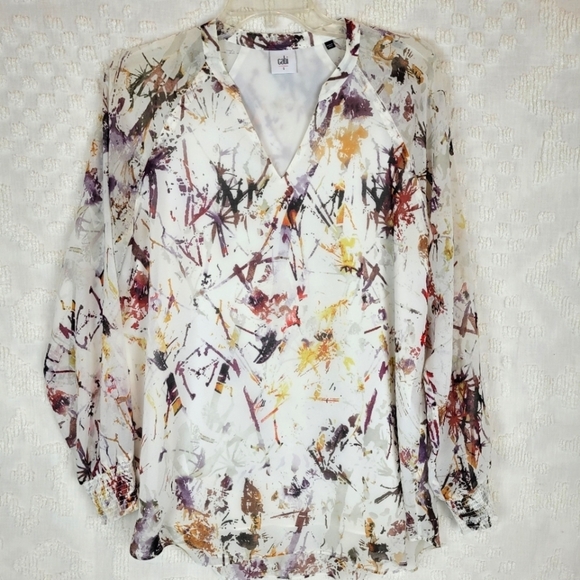 CAbi Tops - Cabi Goddess Blouse Ivory V-neck multi color long sleeve cuff abstract artsy S
